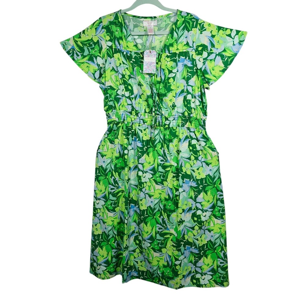 Stella Parker Green Floral Lurex Midi Dress Womens Large NWT Pockets V-Neck Boho